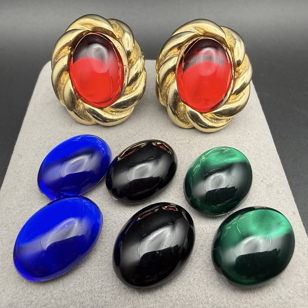Vintage KJL Gold Tone Clip On Earrings (4) Interchangeable Oval Lucite Cabochons